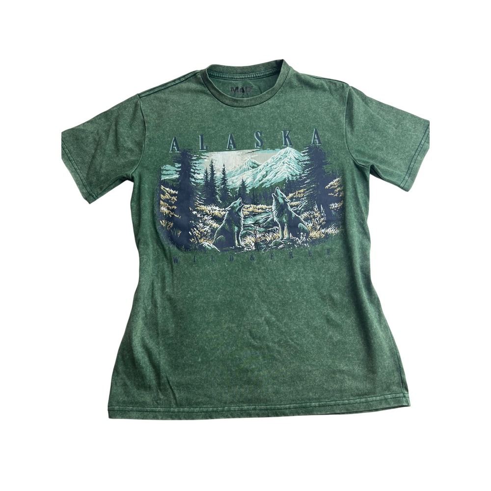 Mad Engine Alaska Wild &Free Wolf Graphic T-Shirt Mineral Wash Streetwear Grunge